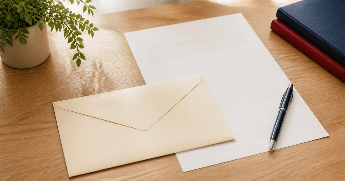 個人献金のお願いを表す、封筒と申込書を置いた机