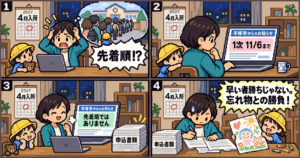 平塚市の2027年4月保育所申込みの締切と書類確認を描いた16bit風4コマ漫画